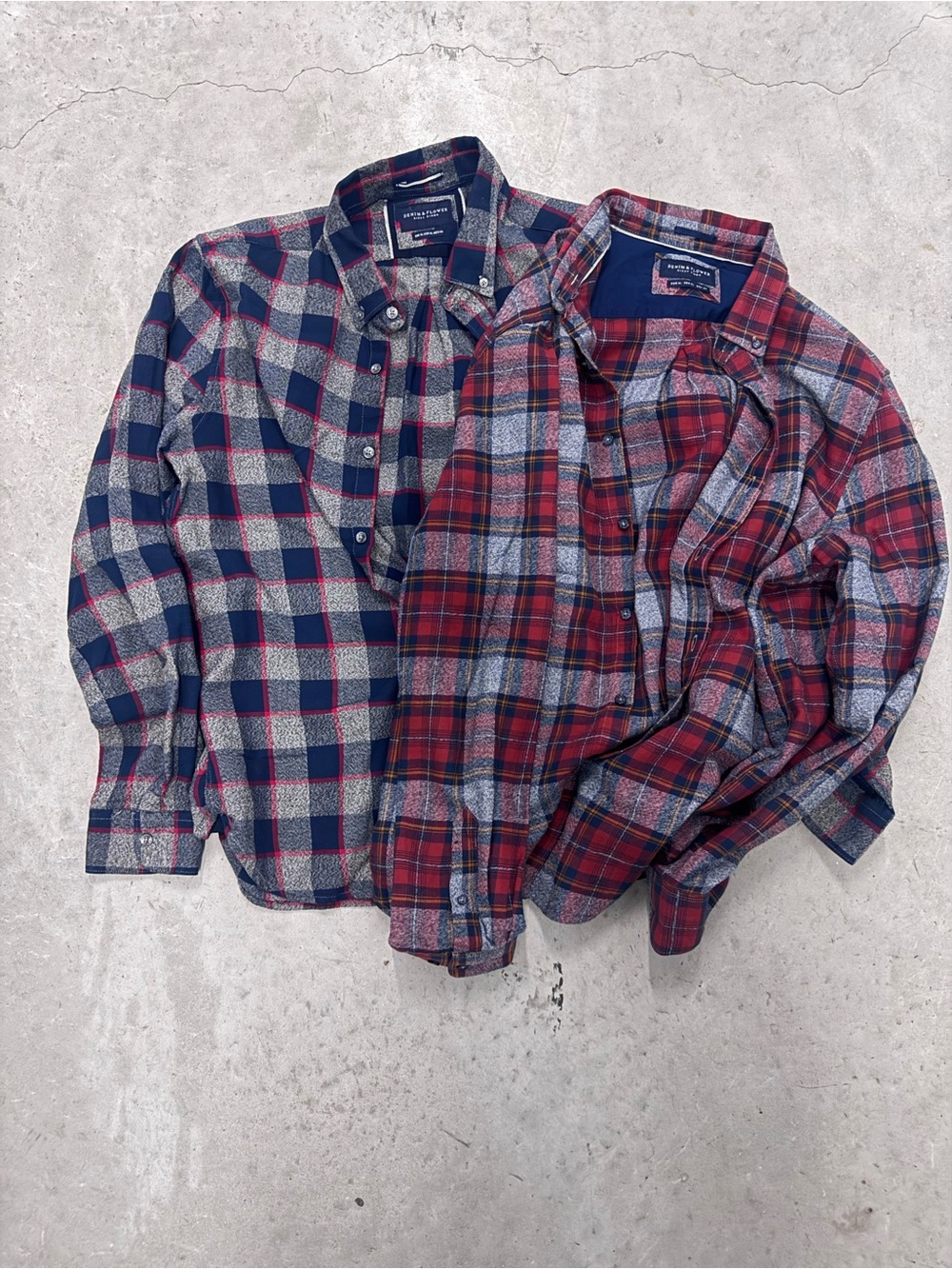 Pair of Plaid Button-Up Flannel Shirts - Red & Navy